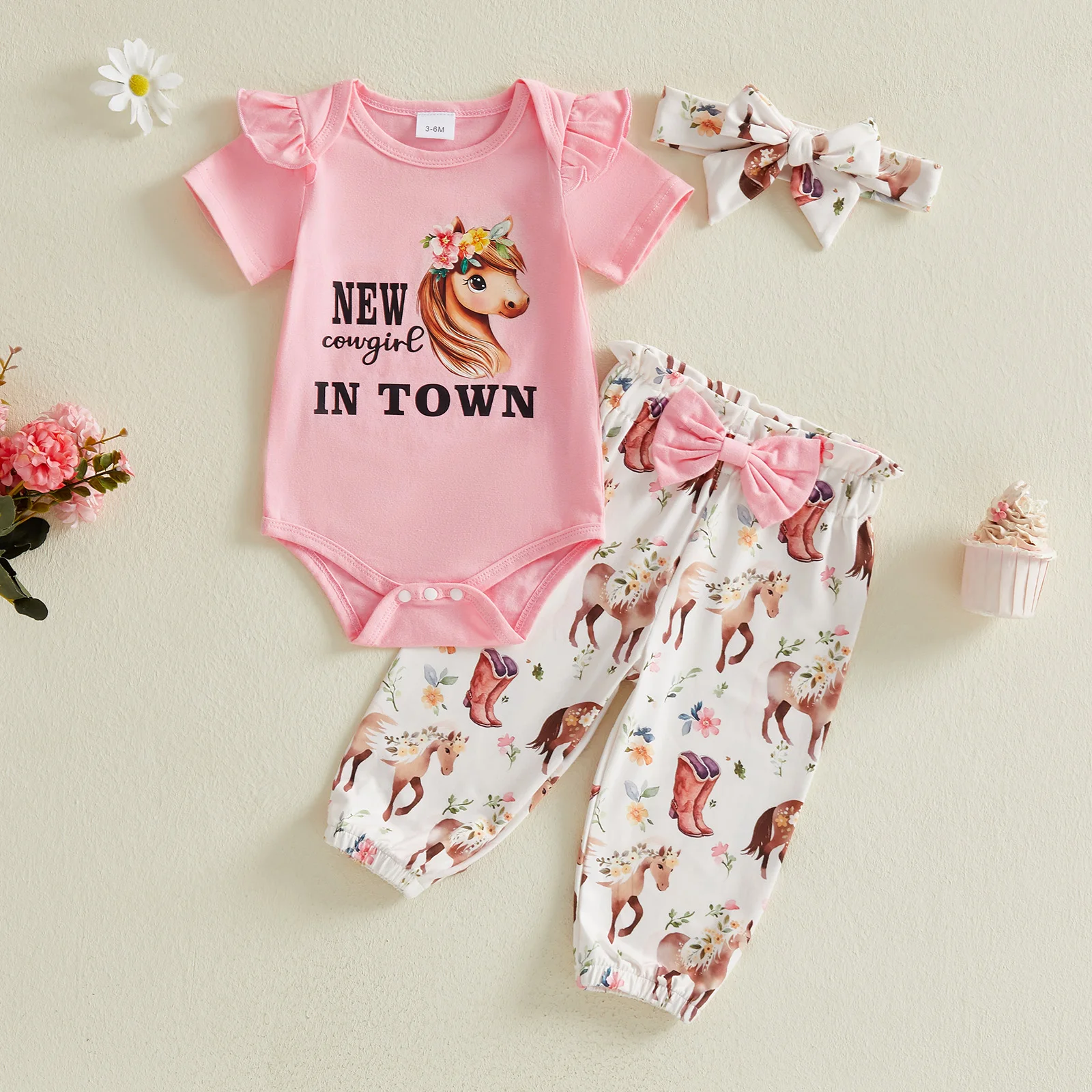 3 قطع الرضع فتاة راعية البقر الزي طاقم الرقبة كشكش قصيرة الأكمام خطابات طباعة رومبير مرونة الخصر السراويل ومجموعة عصابات رأس #4