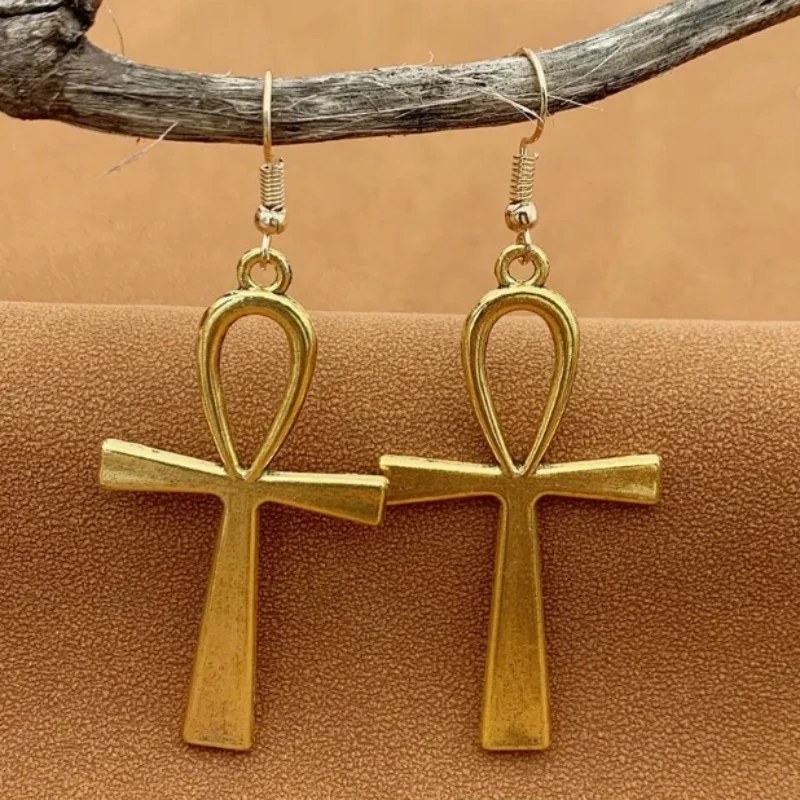 Vintage Traditional Egyptian Ankh Cross Pendant Earrings Life Symbol Flower Cross Pendant Earrings