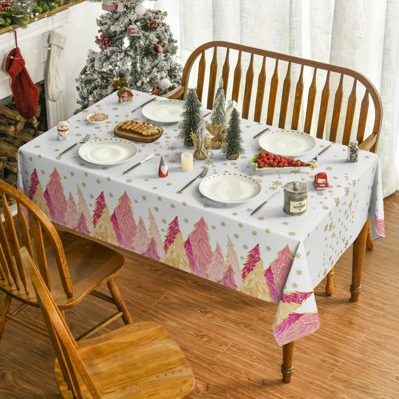 Christmas Pink Xmas Tree Snowflakes Tablecloth for Table Decor Reusable Winter Kitchen Dining Tablecloth Christmas Decorations