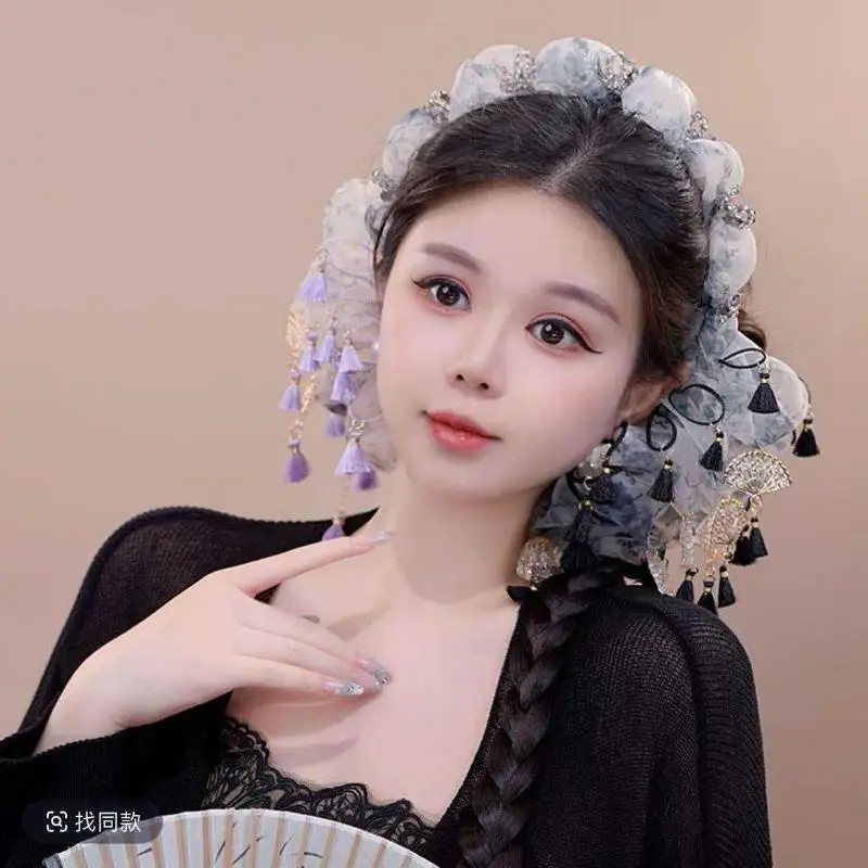 Haarspange aus Chiffon mit Tintendruck, goldenen Fächeranhängern und schwarzen Quasten für Hanfu, passend für den täglichen Gebrauch und traditionelle Anlässe – Detail 2