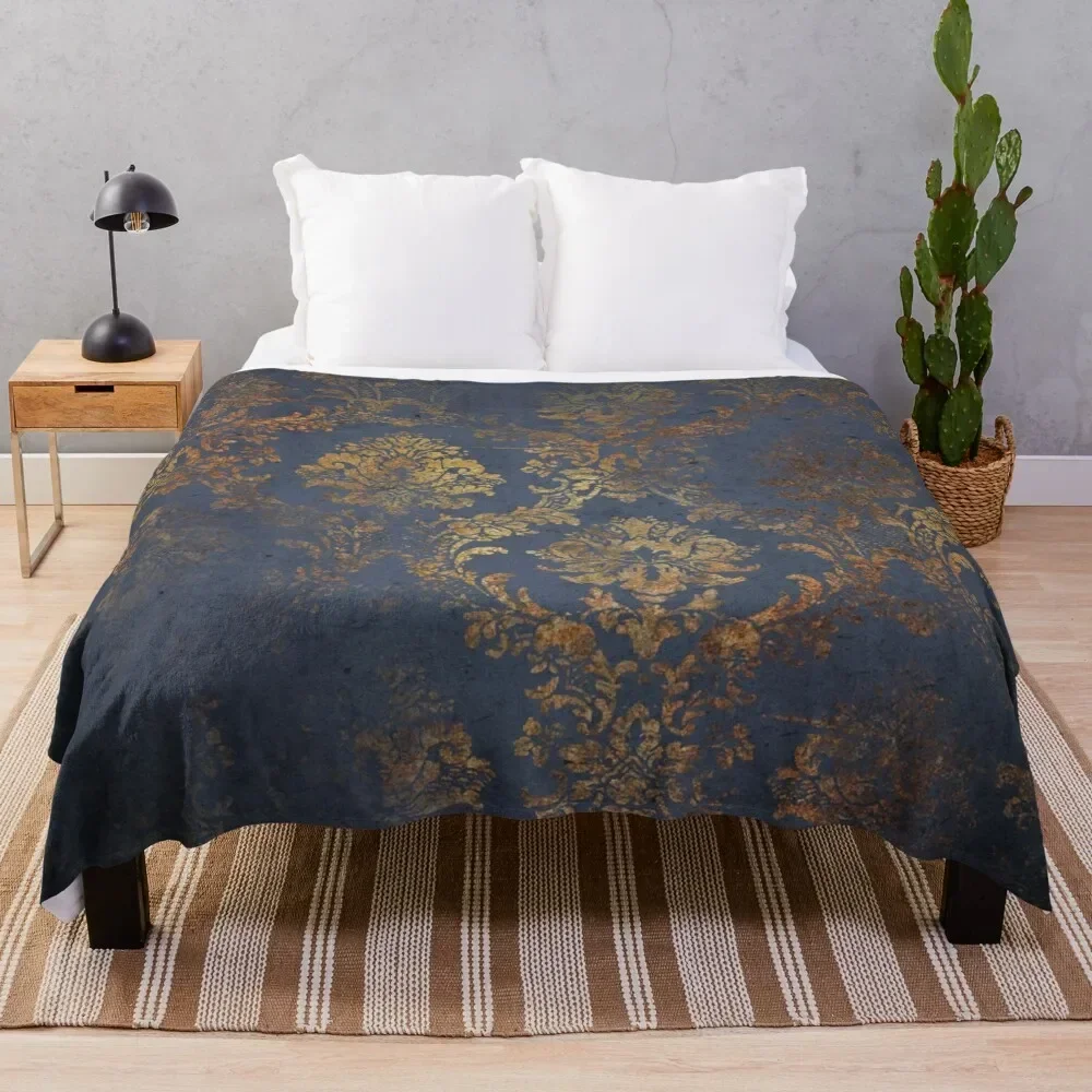 

Elegant Dark Blue and Grunge Gold Damask Pattern Throw Blanket Soft Big Retros Blankets