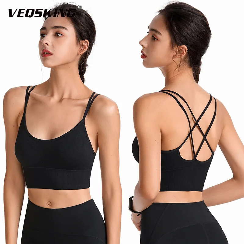 VEQSKING Seamless Thin Straps Women Yoga Bras, Cross Back Sports Crop Tops, XXL Gym Fitness Tops, Breathable Workout Running Bra