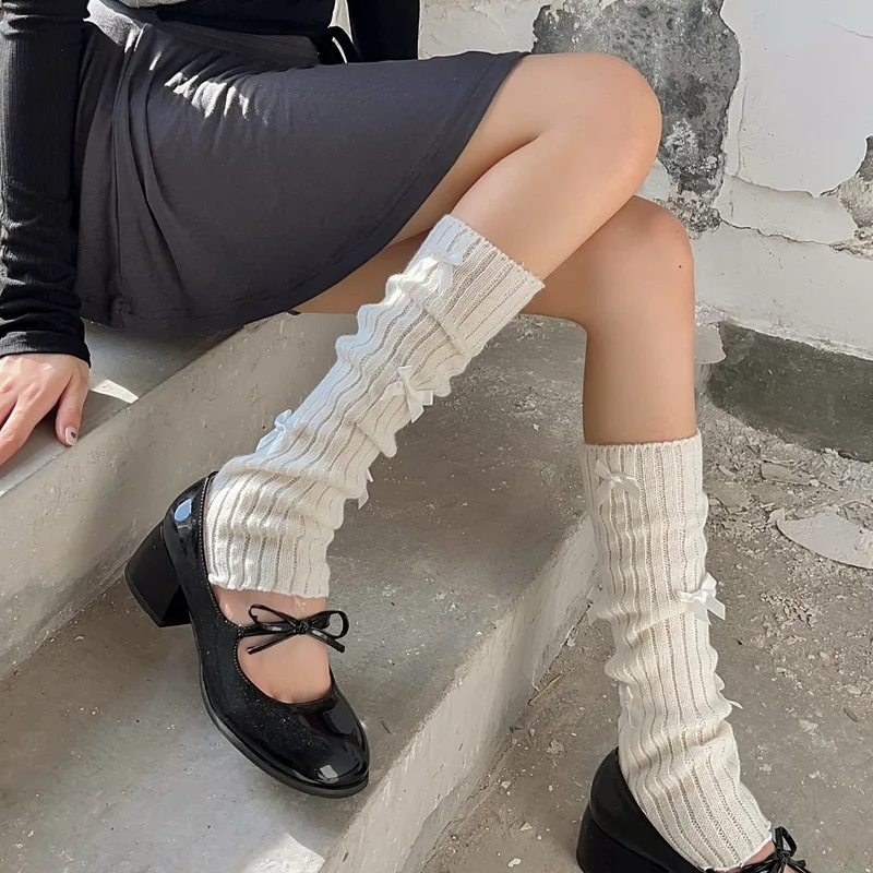 Y2k Japanese Bow JK Knitted Leg Socks Wool Pile Socks Leg Warmer Fashion Punk Harajuku Leg Cover Pile Socks Korean Leg Socks