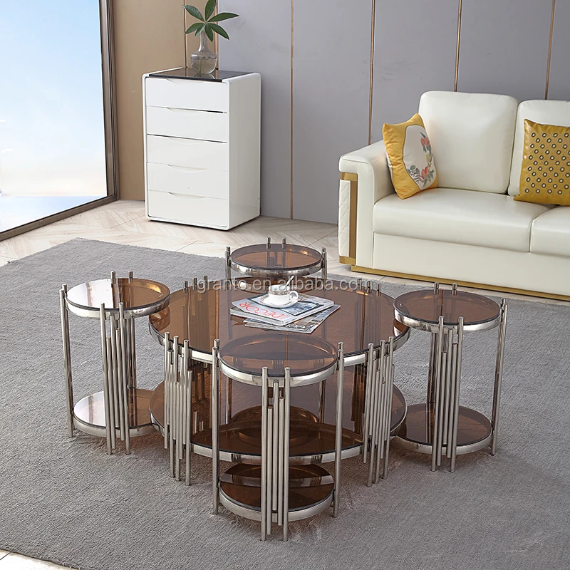 Beautiful design living room stainless steel 4+1 coffee table set