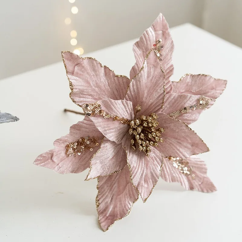 High Quality Artificial Christmas Flower 26cm Velvet Cloth With Glitter Powder Fake Large Flower Head Xmas New Year Home Decors