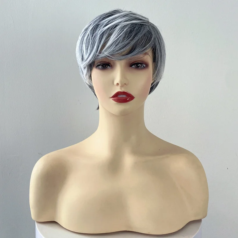 Picture 3: New European American black and white highlighted short hair for women, synthetic fiber machine-made wig