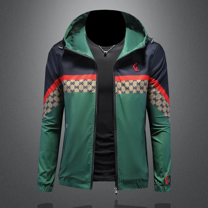 

Trendy Letter Print Patchwork Color Hooded Jaet Men's Spring New High End Lightweight Polyester Slim Fit Long Sve Zipper