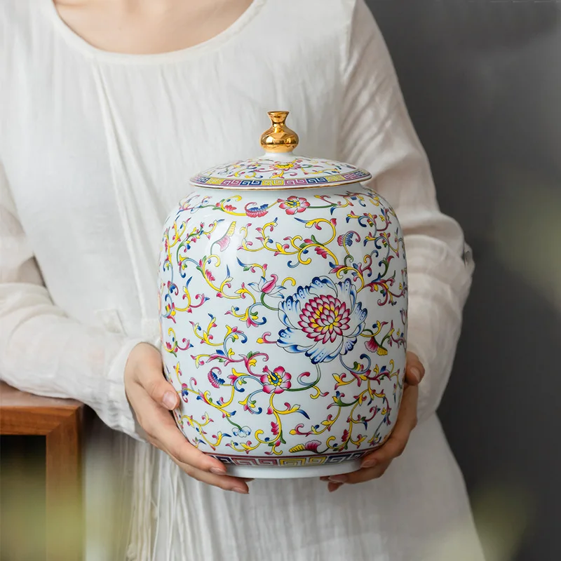 Enamel Painted Flower Pattern Storage Jar Sealed Tea Sundries Food Decorative Crafts Ceramic Home Decor