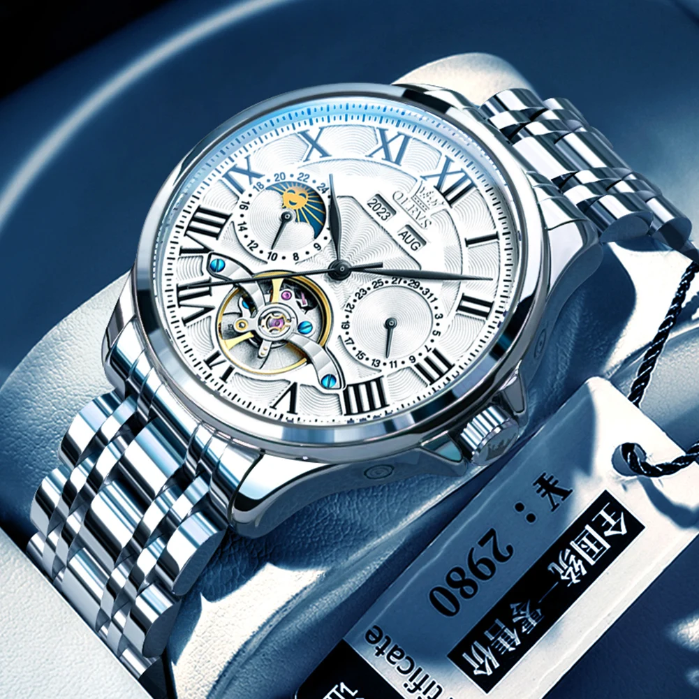 OLEVS Tourbillon Hollow Mechanical Wristwatch for Men Moon Phase White Roman Dial Stainless Steel Strap Casual Automatic Watch