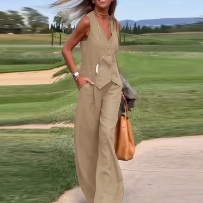 Fashion Women V Neck Button Vest Shirt Wide Leg Pants Suit Women Casual Two Piece Set Tracksuits 2024