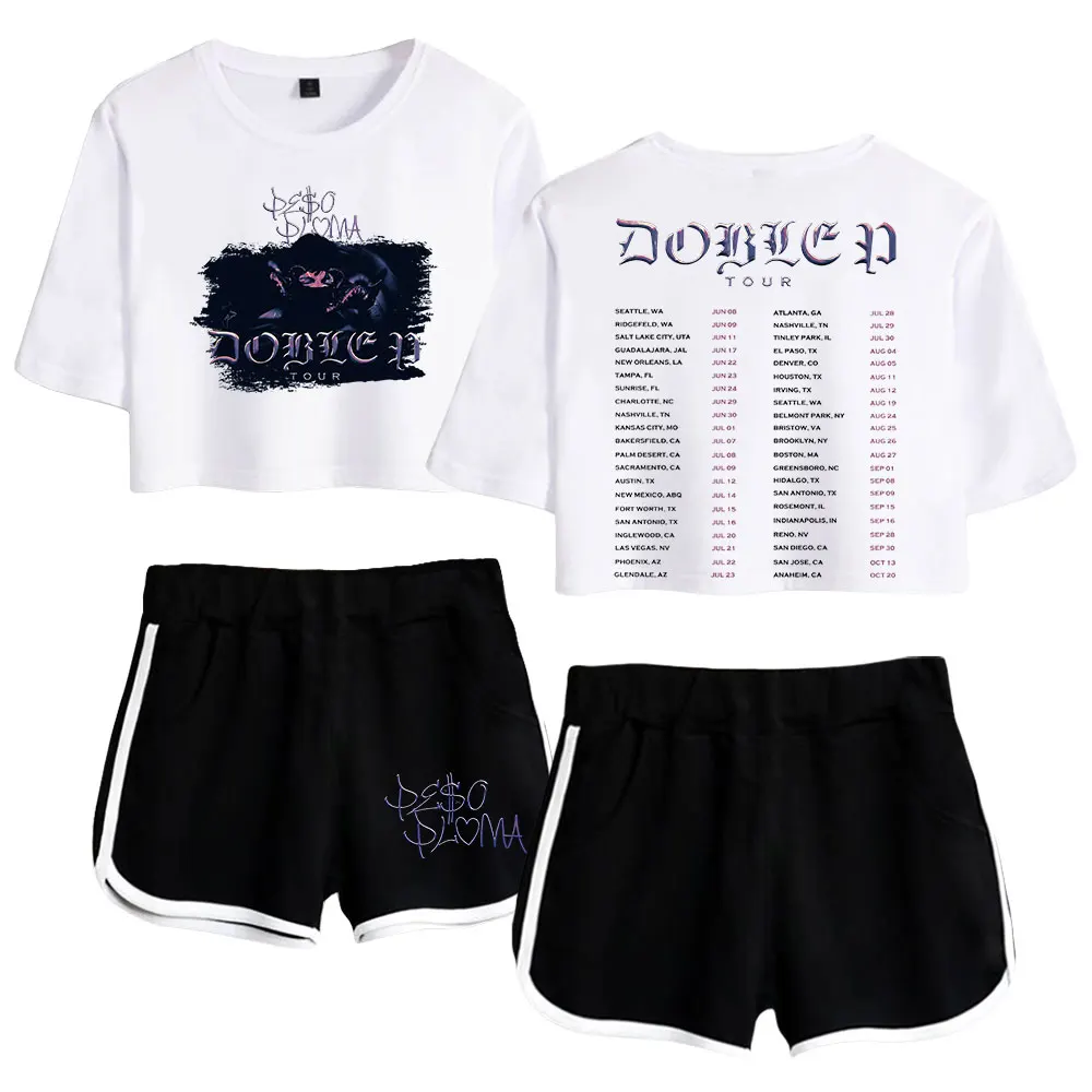 Singer Peso Pluma Merch Two Piece Set Female Cropped Top+Shorts Short Sleeve Navel T-shirts Women's Suit