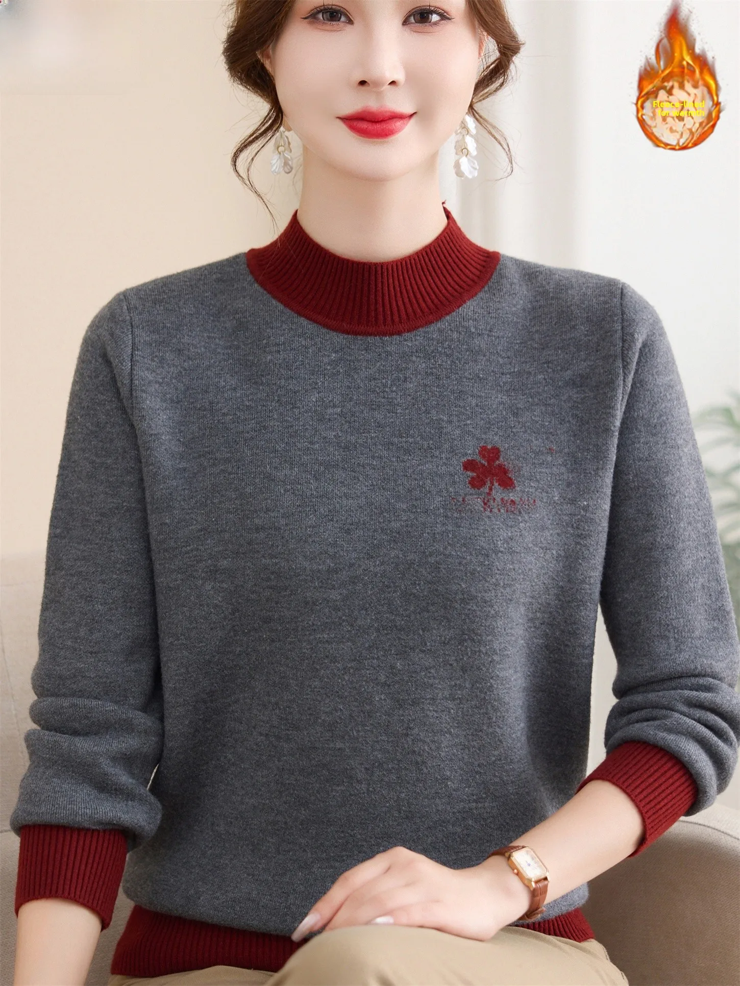 

Thiened Fce Knitted Base irt Женский осенне-зимний теплый круглый бархатный топ из необычного материала для среднего возраста Mo...