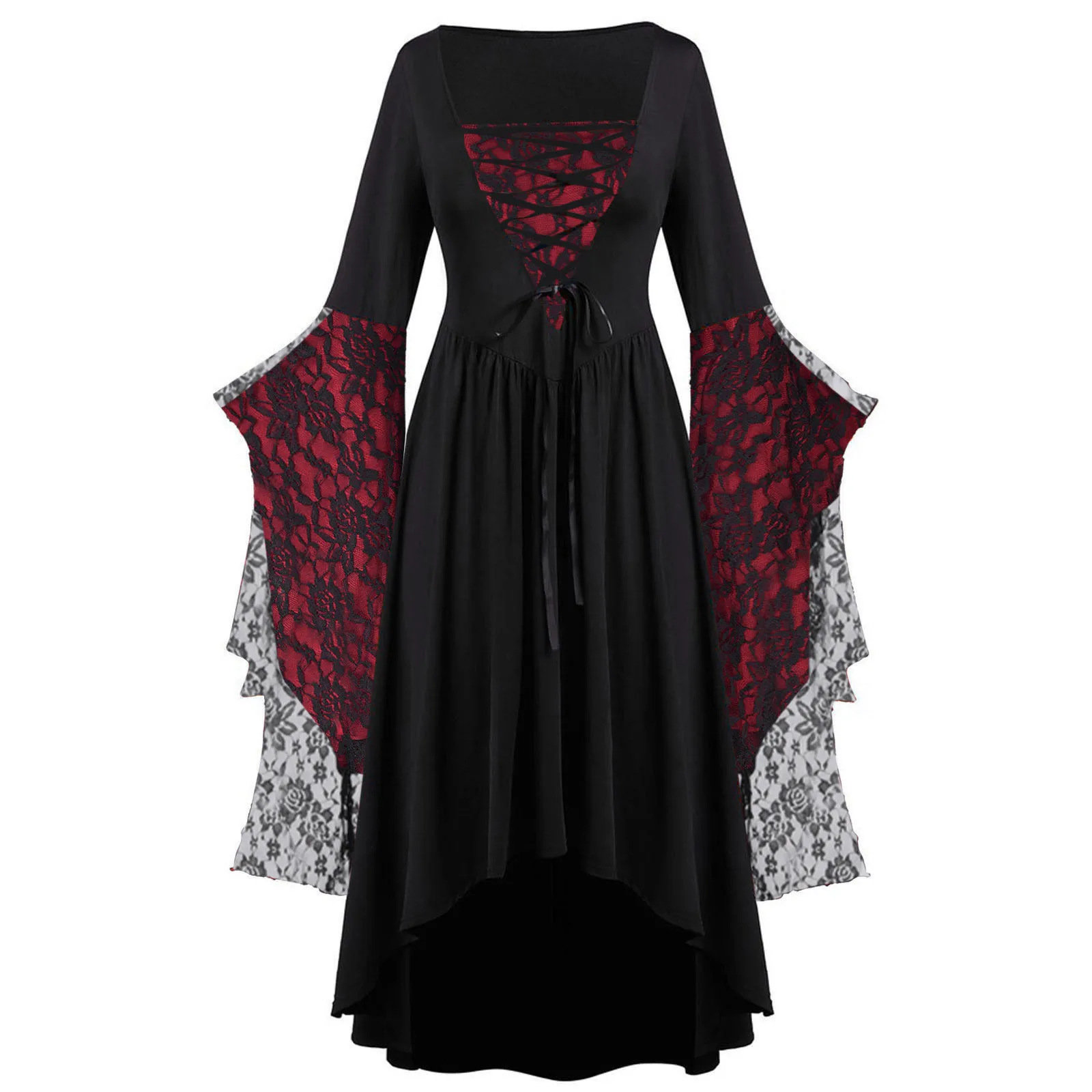 Damen Gothic Spitzenkleid mit Langen Ärmeln, Quadratischem Ausschnitt, Schnürung und Unregelmäßigem High-Low-Saum - Vintage Hexenkleid für Halloween-Partys