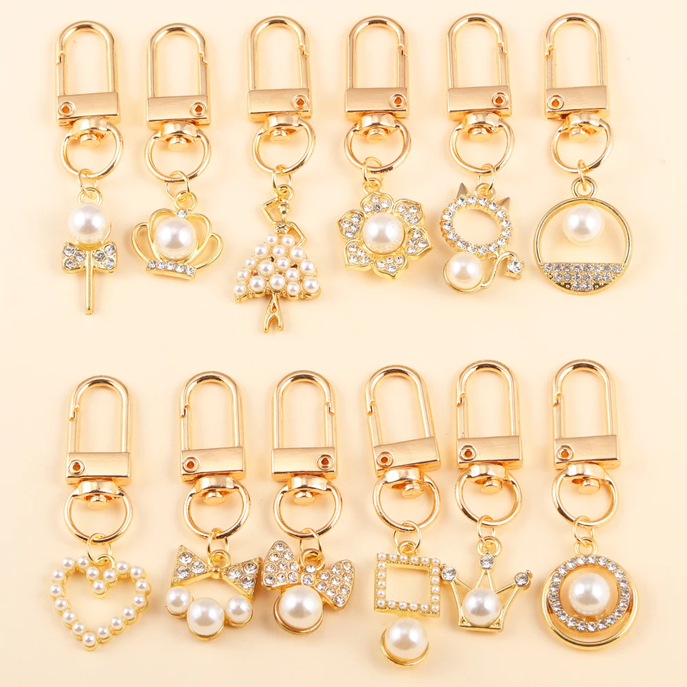 2Pcs Luxury Crystal Pearl Crown Bowknot Love Heart Hanging Keychain for Women Girls Fashion Handbag Earphone Case Key Ring Gifts