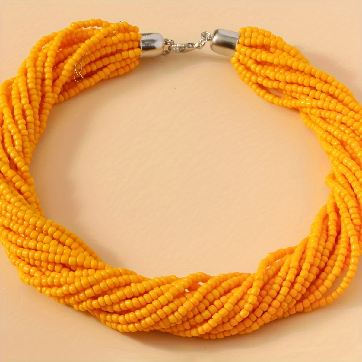 1 قطعة البوهيمي الأصفر البرتقالي المألوف بسيط متعدد الطبقات الأرز عقد من اللؤلؤ التعادل الرقبة المرأة سلسلة عنق سلسلة الترقوة #5