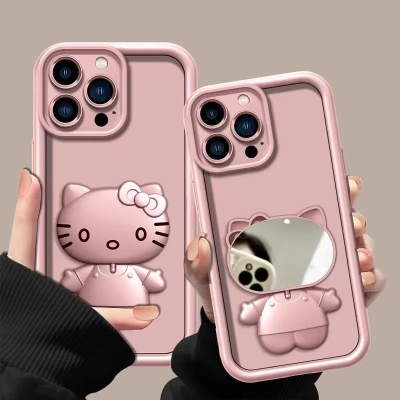 

Подходит для мобильного телефона Apple с розовым зеркалом в виде кота, матовый силиконовый милый чехол для телефона на ремешке