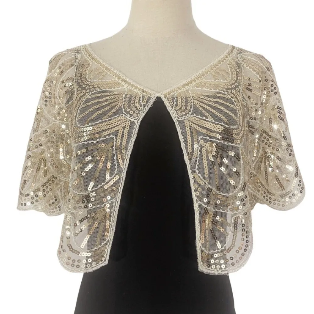 Elegant Ruffle Design Poncho Coat Mesh V-neck Short Cape See-through Blingbling Sequins Flapper Shawl Wrap