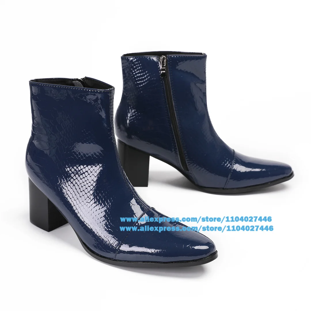 

Dark Blue Men Boots Side Zipper Leather High-Top Booties British Style Luxury Handmade Trend Botas High Heel Party Men Shoes