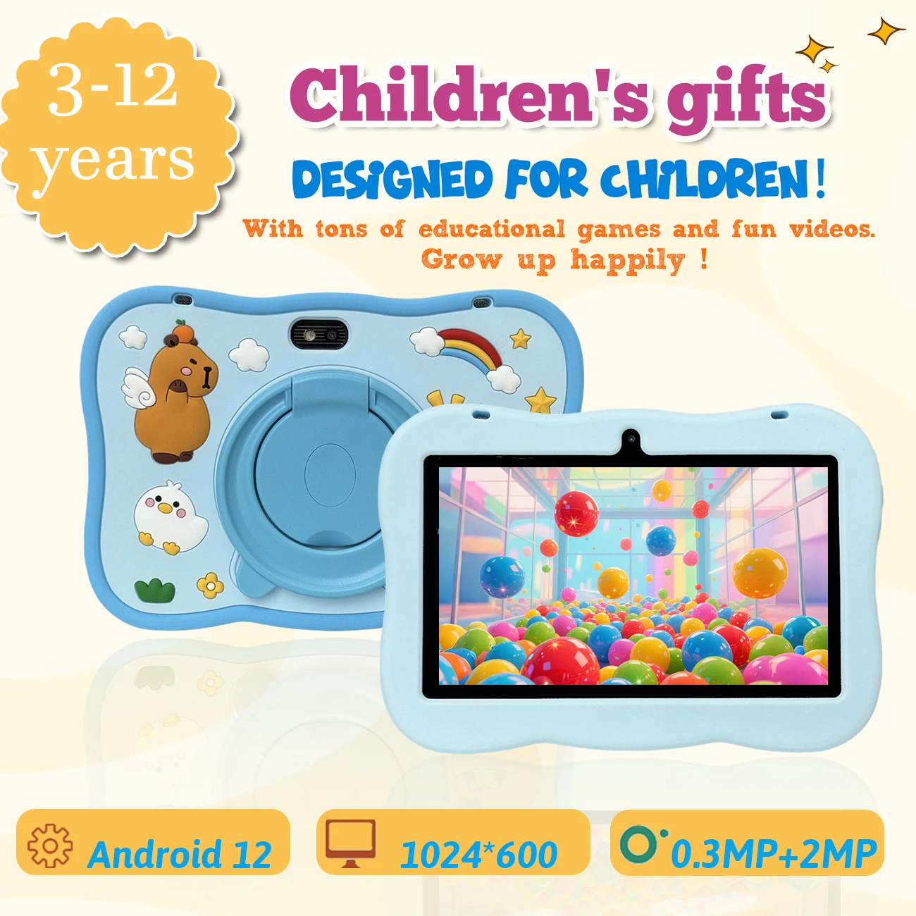 7-Zoll-Tablet-Computer, Kindersteuerung, WLAN, Dual-Kamera, Silikon-Schutzhülle, Anti-Fall, geeignetes Geschenk für Kinder