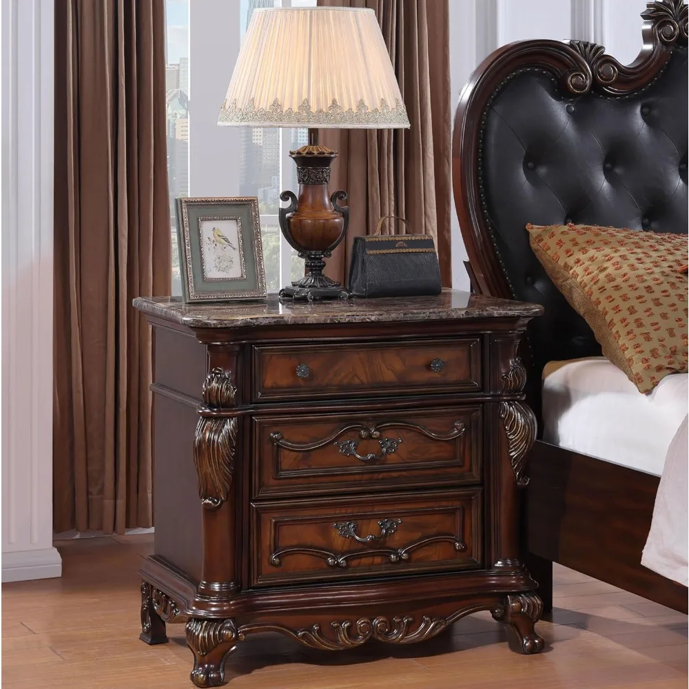 

20"D X 34"W X 32"H Nightstand with Drawers and Stone Top, No Assembly, Traditional Solid Wood Nightstand