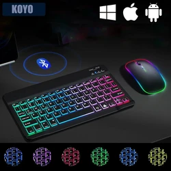 Miniteclado retroiluminado RGB con Bluetooth, ratón inalámbrico recargable de 10 pulgadas para español, ruso, hebreo, coreano, francés, árabe y portugués