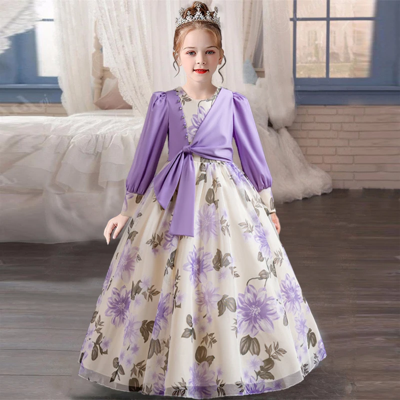 2024 Print flower High Waist Chic Dress Korean version Ethnic style Long Dress Vintage Printed Vest Set Princess Dress for Girls