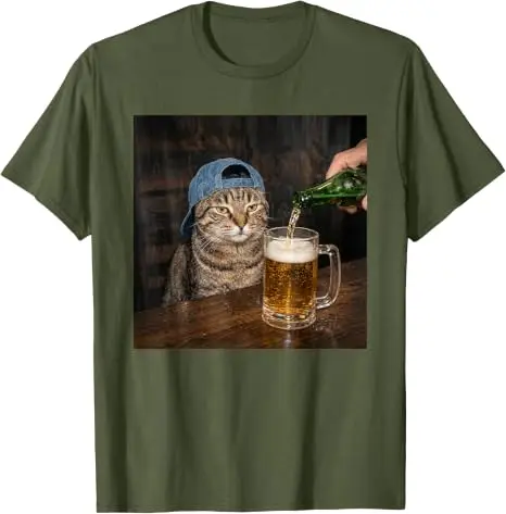 Lustiges Katzen-Biertrinken-Hemd mit Grafik „Unbeeindruckter Tabby“ – Y2k Katzen-Papa, betrunken in Bar/Nachtclub – Humorvolle Kleidung – Detail 16