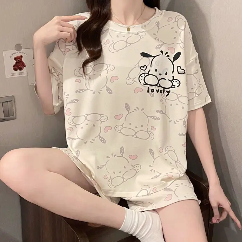 Cartoon Hello Kitty Summer White&blue Pajama Set Women's Crew Neck Short Set Loungewear Animal Cute Home Clothes Set Girls Gift