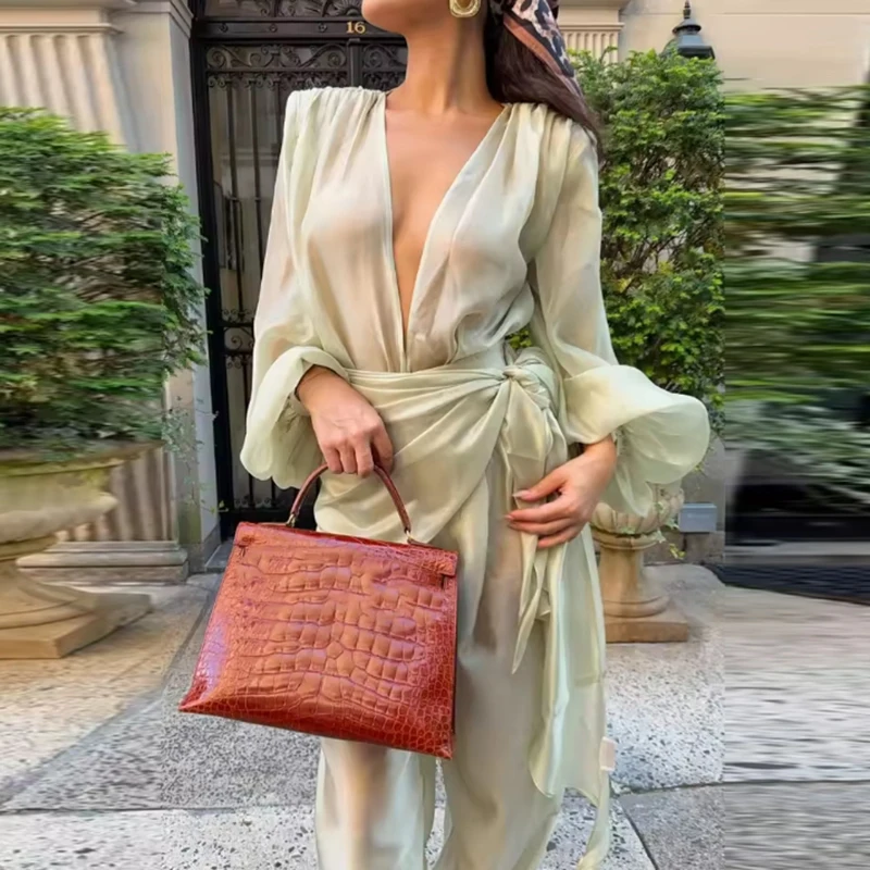 2026 Fall Perspective Lightweight Women's Overalls Deep V Cut Out High Waist Casual Jumpsuit Elegant Solid Color Trousers Romper