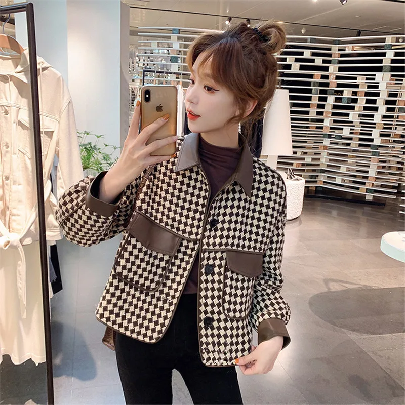 Spring Korean Women Faux PU Leather Splicing Houndstooth Short Coat Casual Lapel Single-breasted Female Biker Jacket Streetwear