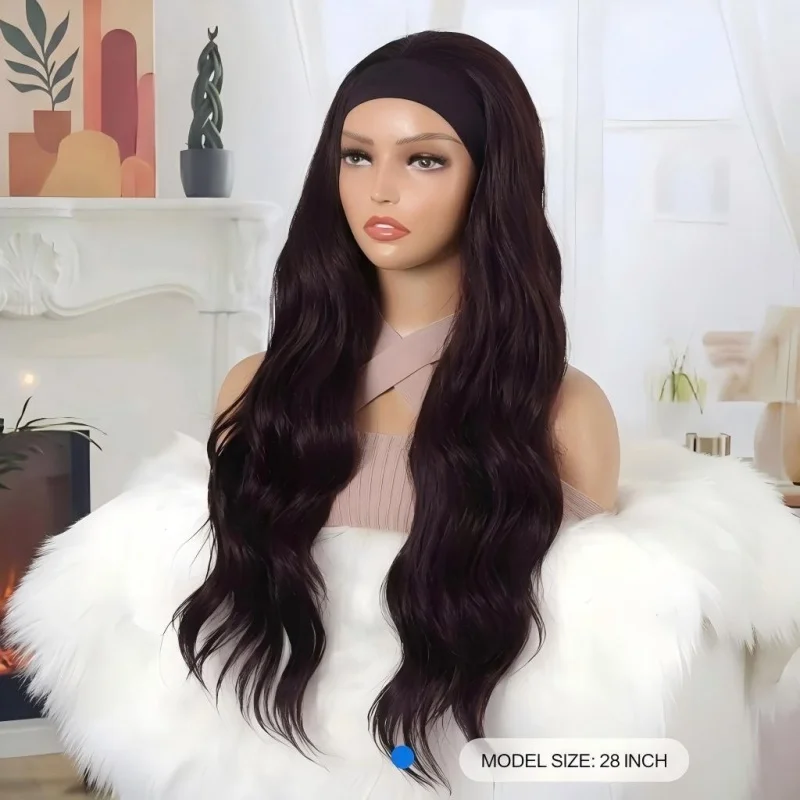 Women Long Headband Wig 28 Inch Dark Brown Body Wave Synthetic Wig, No Lace Easy Install Heat Resistant Hair Wig for Beginners