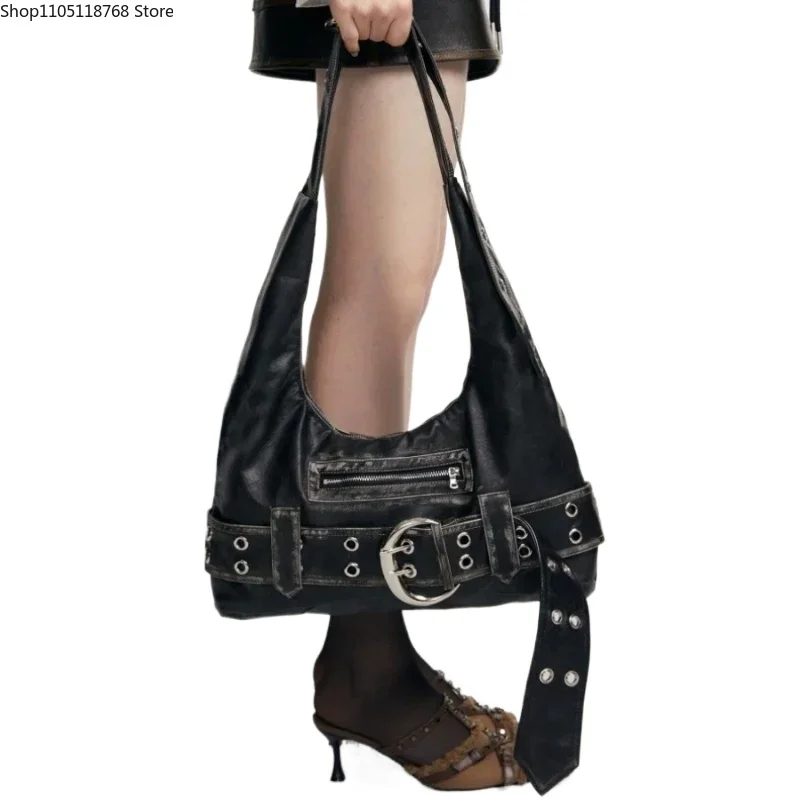 

Дизайнерская пряжка на ремне, женская сумка из искусственной кожи с заклепками и несколькими карманами, сумки на плечо большой вместимости, большие винтажные сумки-шопперы