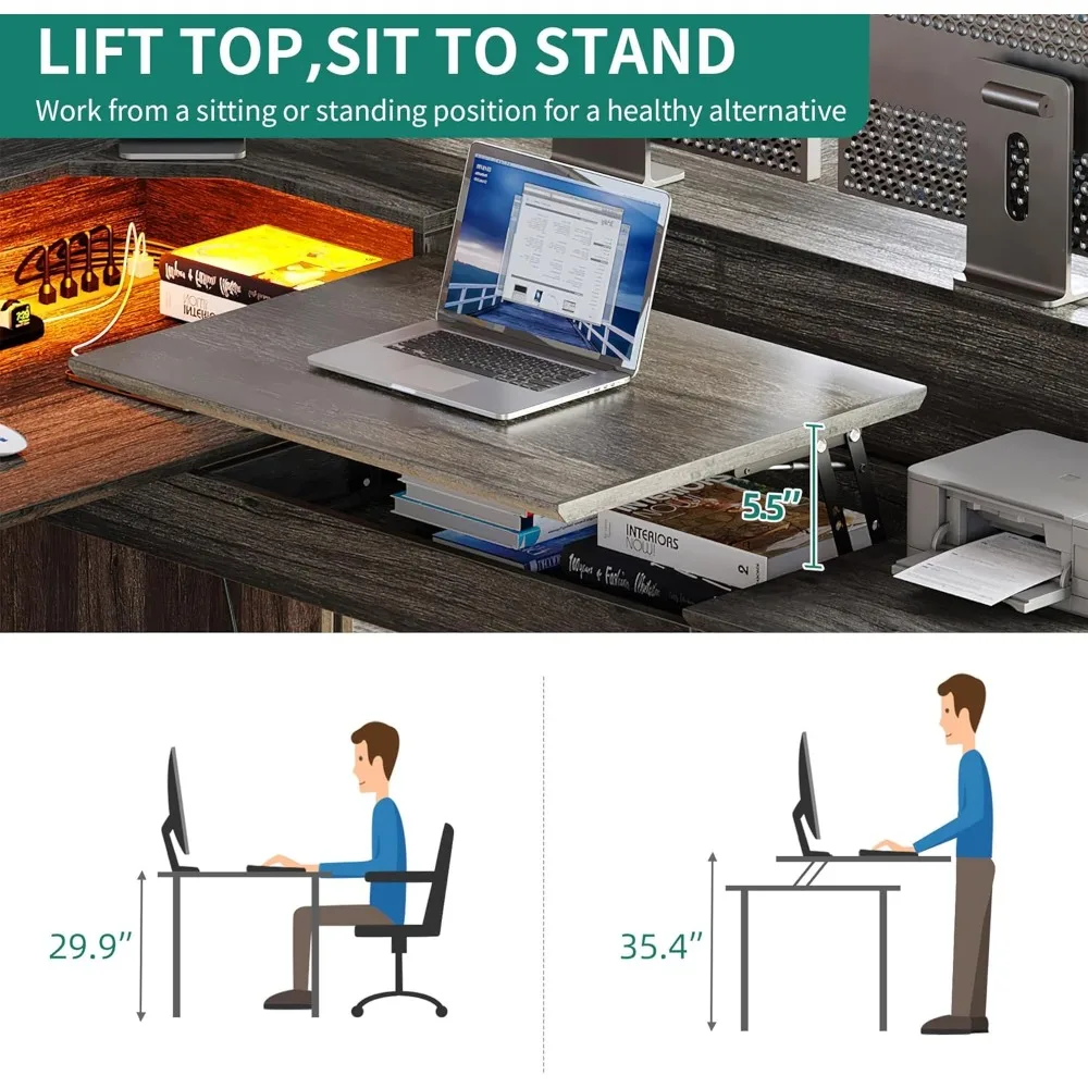 L Shaped Desk with Power Outlets & LED Lights, 60” Corner Computer Desk with Drawers & Lift Top, Home Office Desk