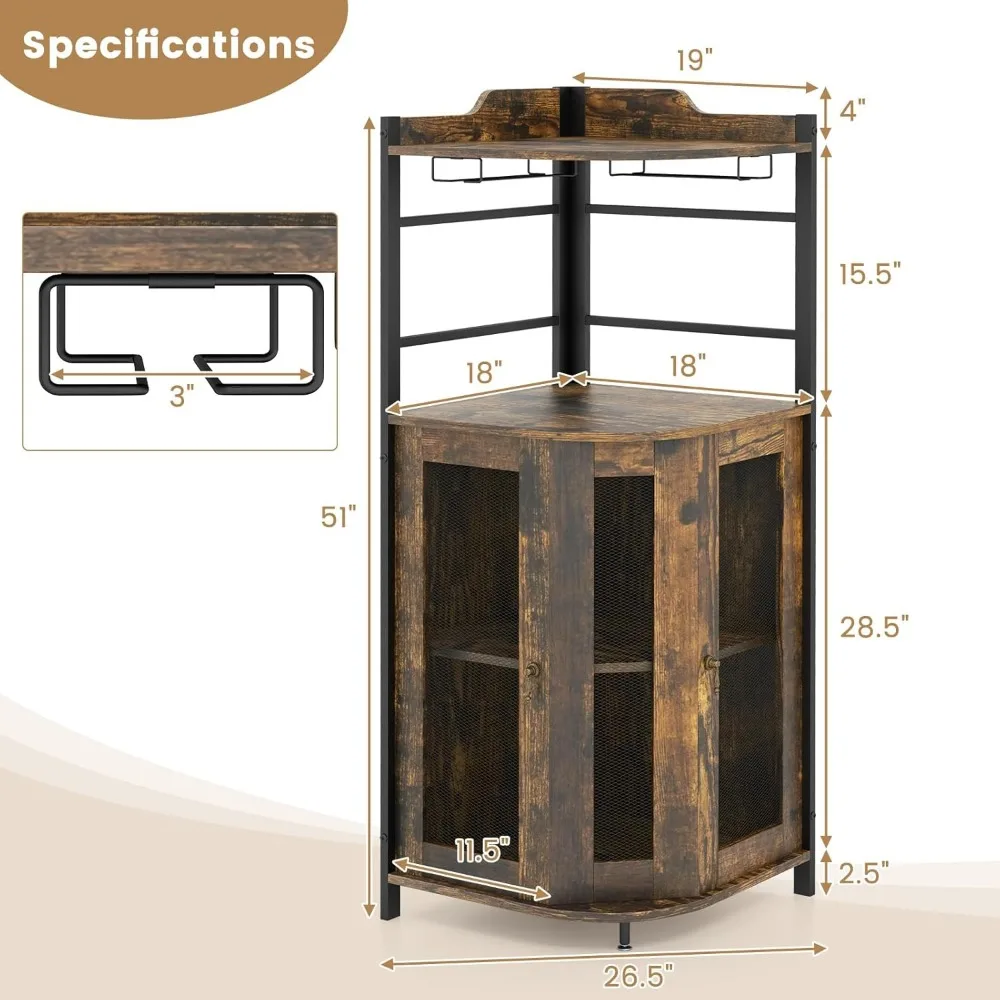 Gabinete esquinero para barra de vinos, gabinete industrial para vino con puertas de malla metálica y estante ajustable, gabinete para licores con dispositivo antiarrollamiento