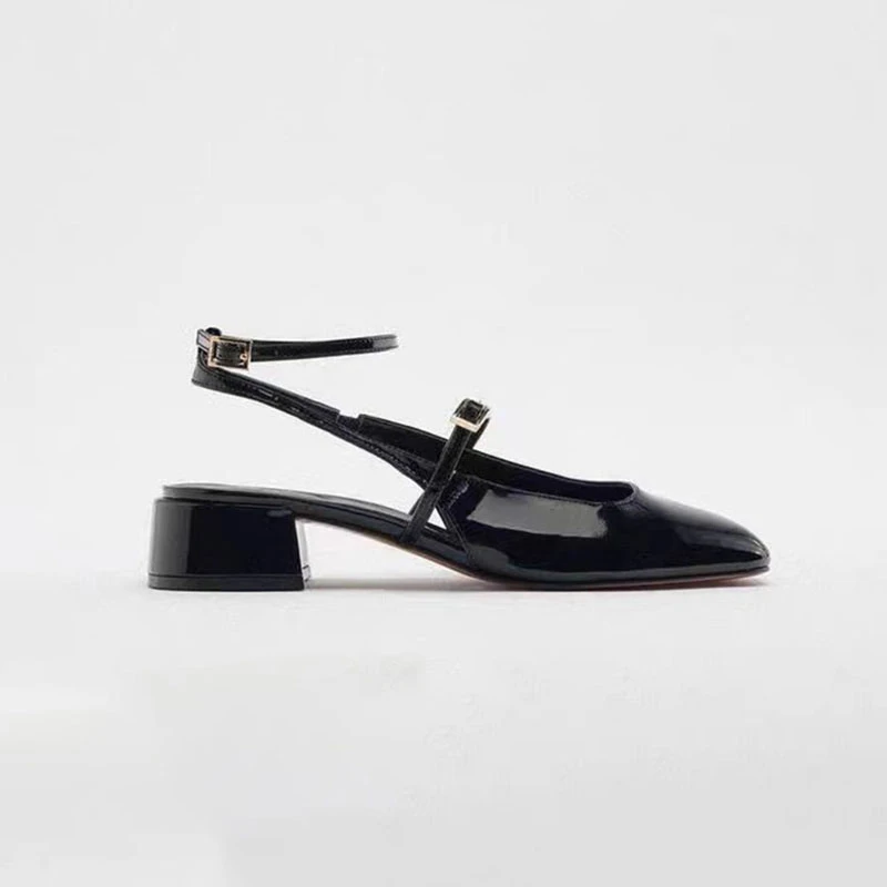 TRAF MARY JANES Stryle Slingbacks Fashion Women Black Round Head Square Heel Pumps Retro Buckle Strap Sandals Shoes For Woman 