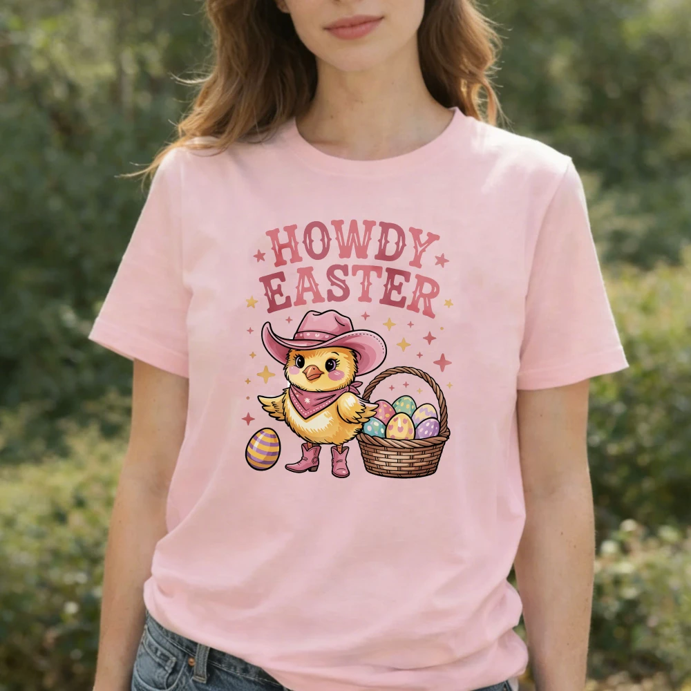Howdy Easter Cowgirl Chick T-Shirt Baby Chicken with Hat Boots Egg Basket Graphic Western Cute Festive Casual Outfits Streetwear