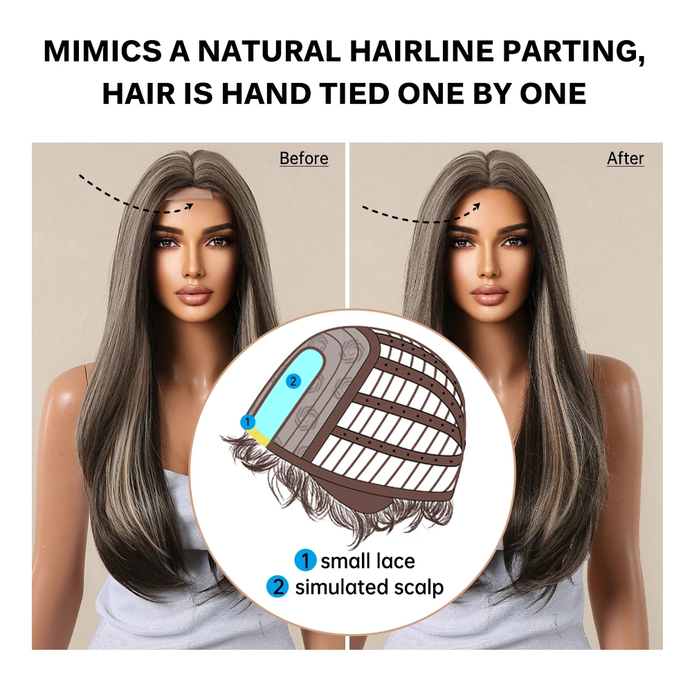 HAIRCUBE Long Straight Brown Mixed Blonde Highlight parrucche sintetiche parrucche anteriori in pizzo naturale per le donne capelli Cosplay