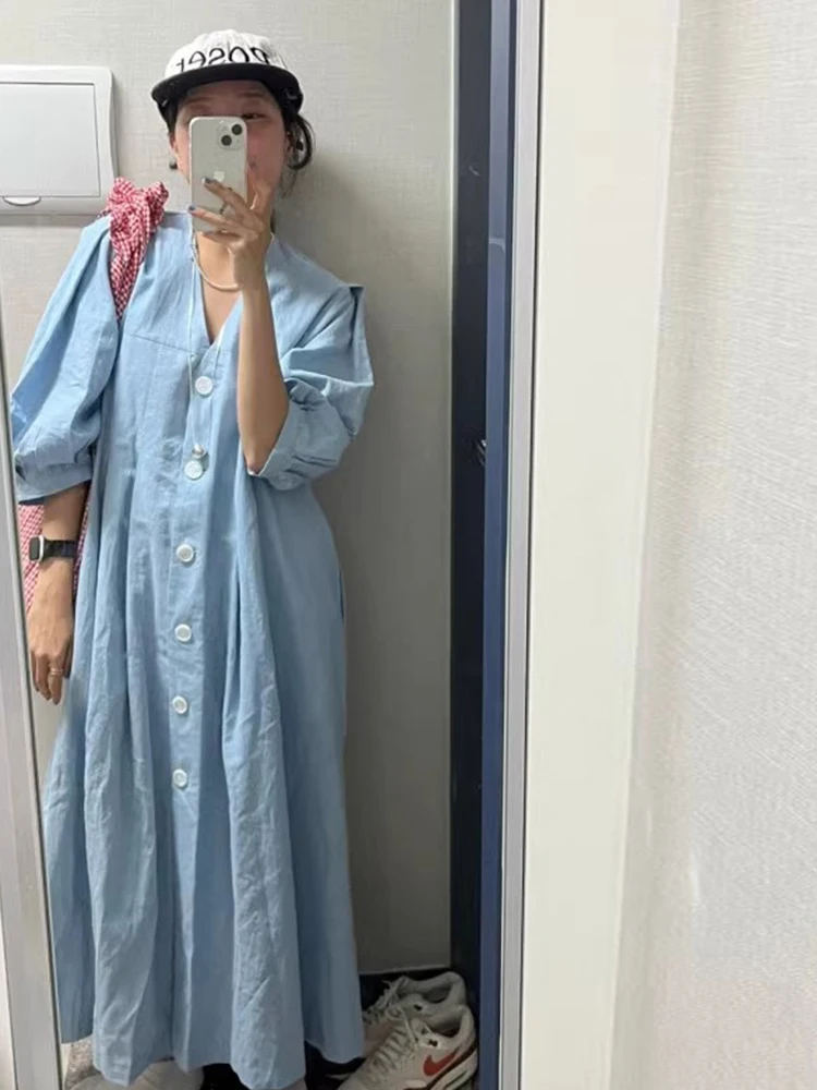 Chic Summer Anti-Aging V-Neck Pleated Loose Casual Single Button Long Lantern Sleeve Dress Women\'s Fashion Commute Style