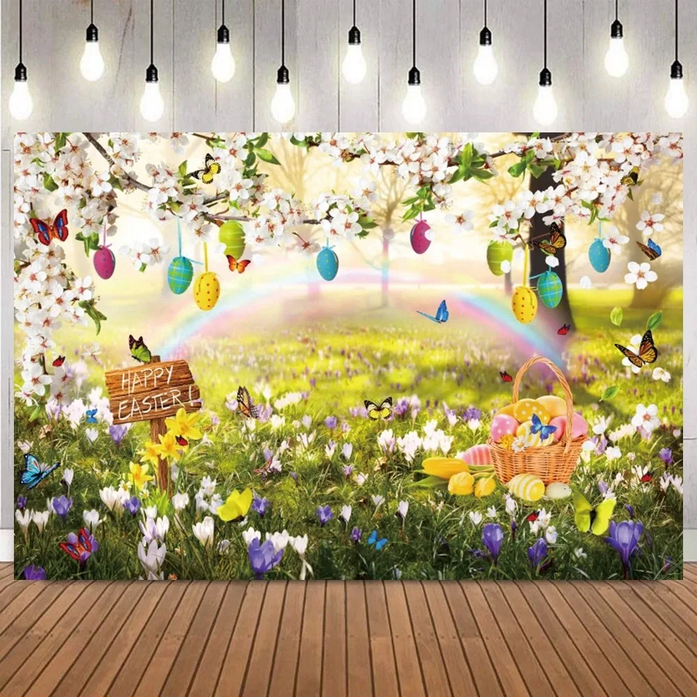 

Spring Easter Rabbit Egg Rainbow Flower Banner Background, Children's Birthday Portrait Party Decoration Photography Background