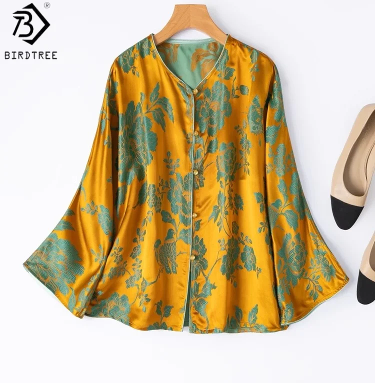 

Birdtree 35% шелковая блузка в китайском стиле, женская жаккардовая рубашка с v-образным вырезом и длинными рукавами, осенние однобортные топы T59801JF