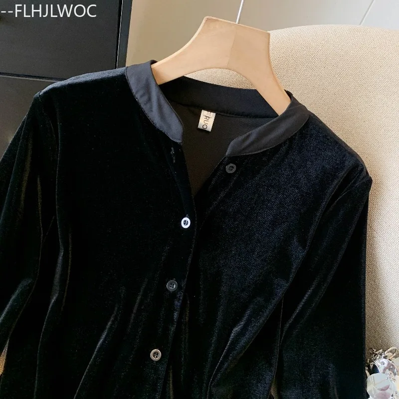 Ano novo natal bonito preto veludo topos blusa mulher outono inverno básico elegante senhora retro vintage botão superior camisas bonito