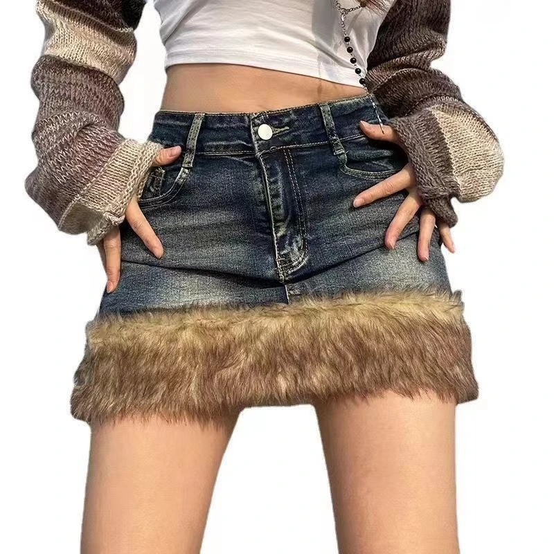 

Deeptown Y2k Vintage Denim Skirt Women Sexy Harajuku Fur Patchwork Mini Skirts Retro Slim Up Streetwear A-line Short Skirts