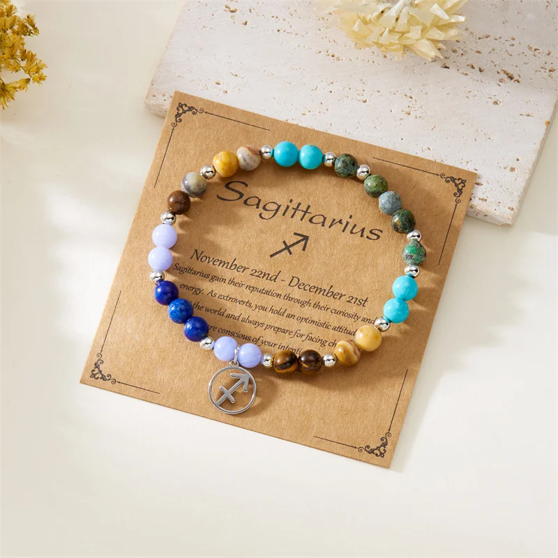 Minimalistische Bunte Naturstein-Perlenarmbänder für Damen und Herren, Modische Handgefertigte 12 Sternzeichen-Armbänder, Schmuck – Detail 23