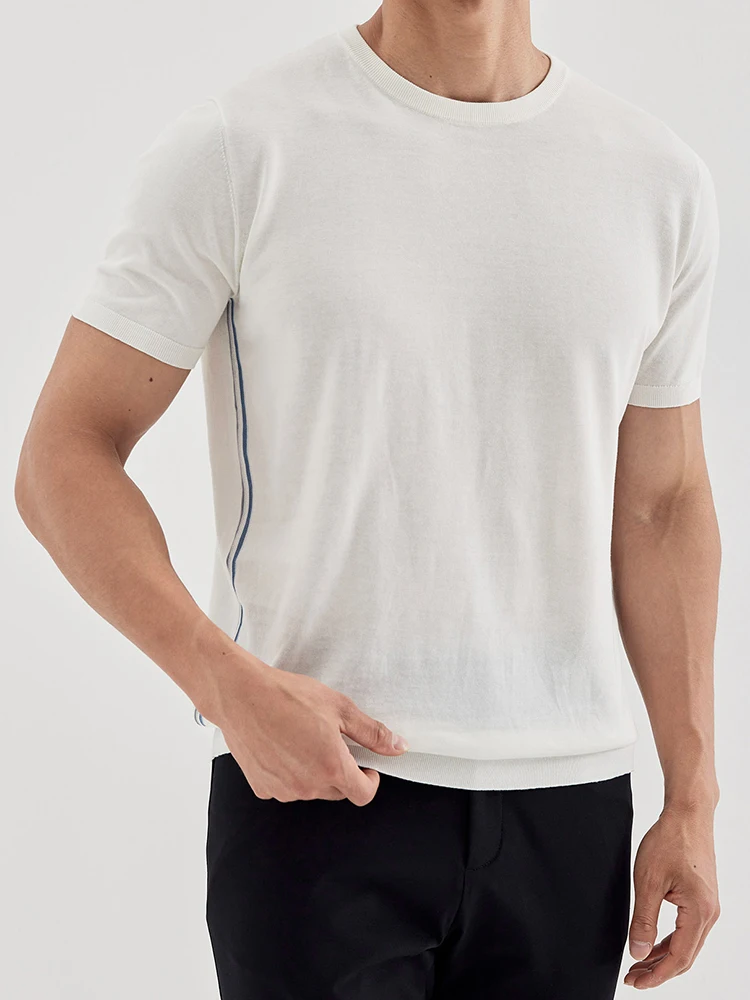 

Summer men's simple and handsome side stripes high-end casual knitted crew-neck short-sleeved T-shirt
