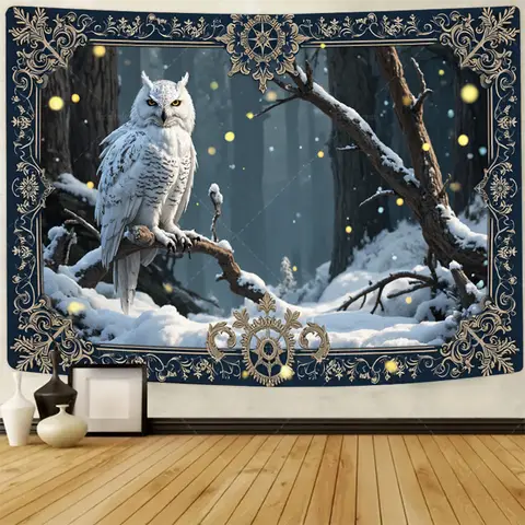 1pc Wall Tapestry Elegant Snowy Owl Forest Tapestry - Vintage Style Winter Scene Wall Art