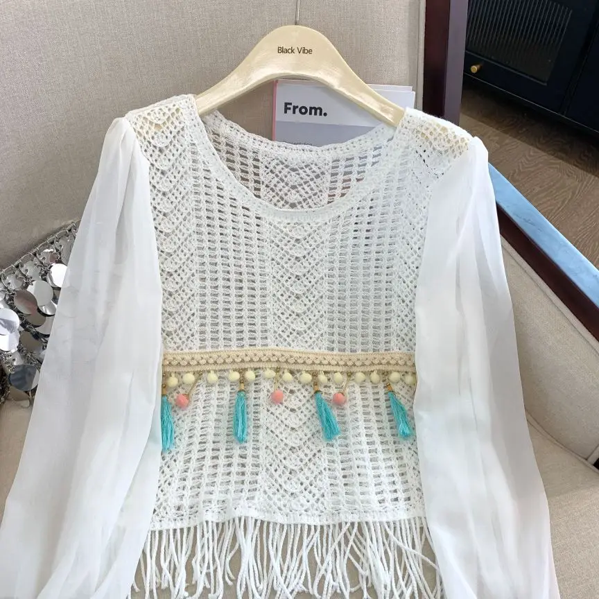 REALEFT Summer Lace Crochet Tassel Women\'s White Shirts 2024 New Hollow Out Beach Bohemian Chiffon Flare Sleeve Tops Female