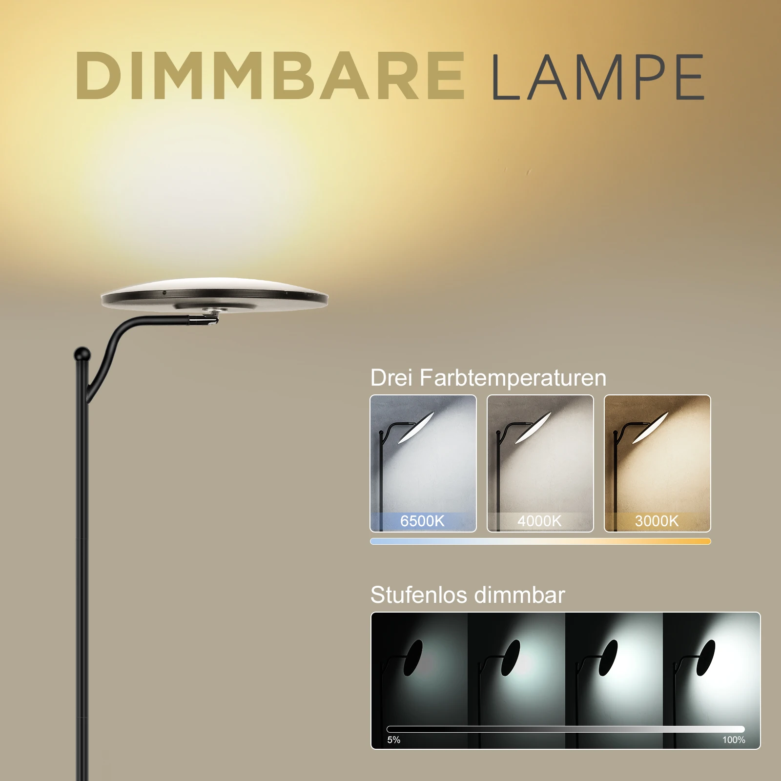 LED-Stehlampe Simplicity Schwarz Dimmbar mit Fernbedienung Uplighter Verstellbare Moderne Leselampe für Wohnzimmer Schlafzimmer