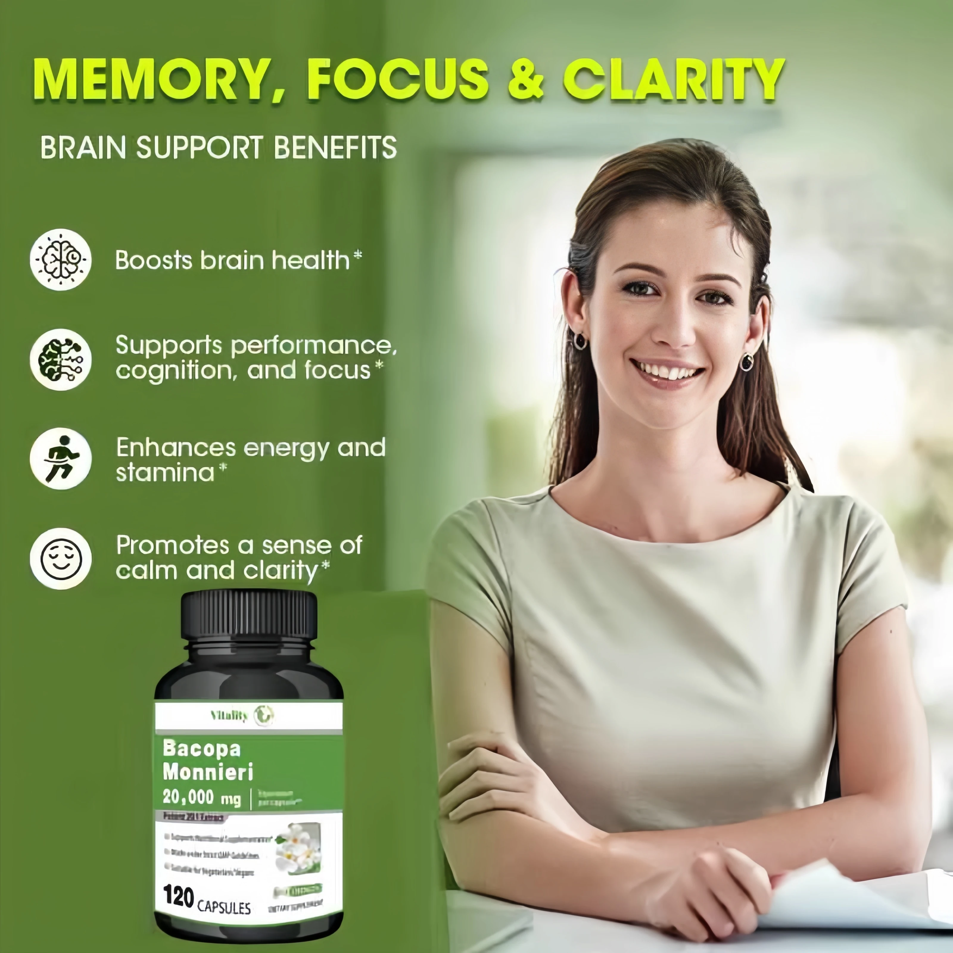 Vitality Bacopa Monnieri Capsule Boosts Brain Health Supports Performance Cognition and Focus Enhances Energy and Stamina