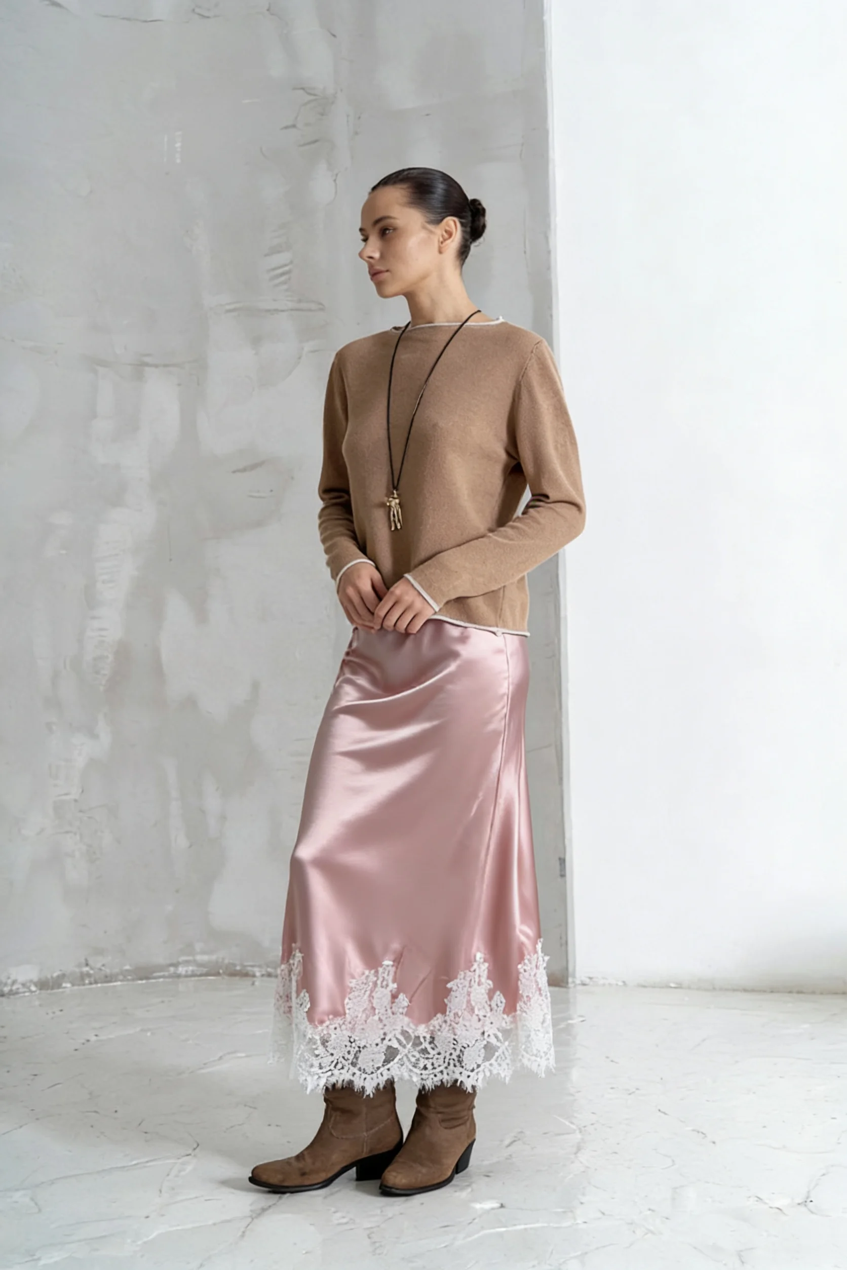 Hirsionsan 2026 Spring Summer New Product Folded Half Skirt Green A-line Fashion Party Skirt Elegant Luxury Satin Lace Skirt