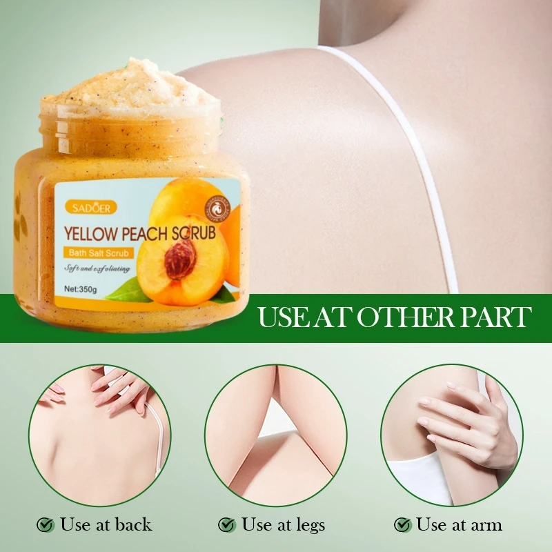 مقشر الجسم بالخوخ الأصفر 350 جرام، تقشير ناعم، ينظف عميق للجسم من الزيت والأوساخ، ويزيل خلايا الجلد الميت دون فقدان الجلد، ويمكن استخدامه لتقشير الوجه والذراعين والجسم والساقين والقدمين، ومنتجات تنظيف البشرة اليومية